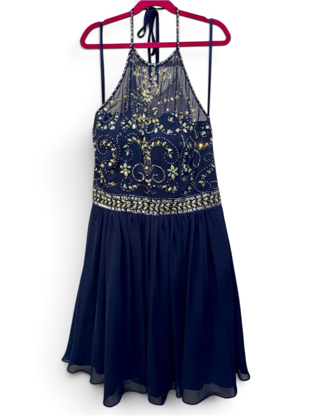 Camille La Vie Navy Beaded Halter Homecoming Cocktail Dress
